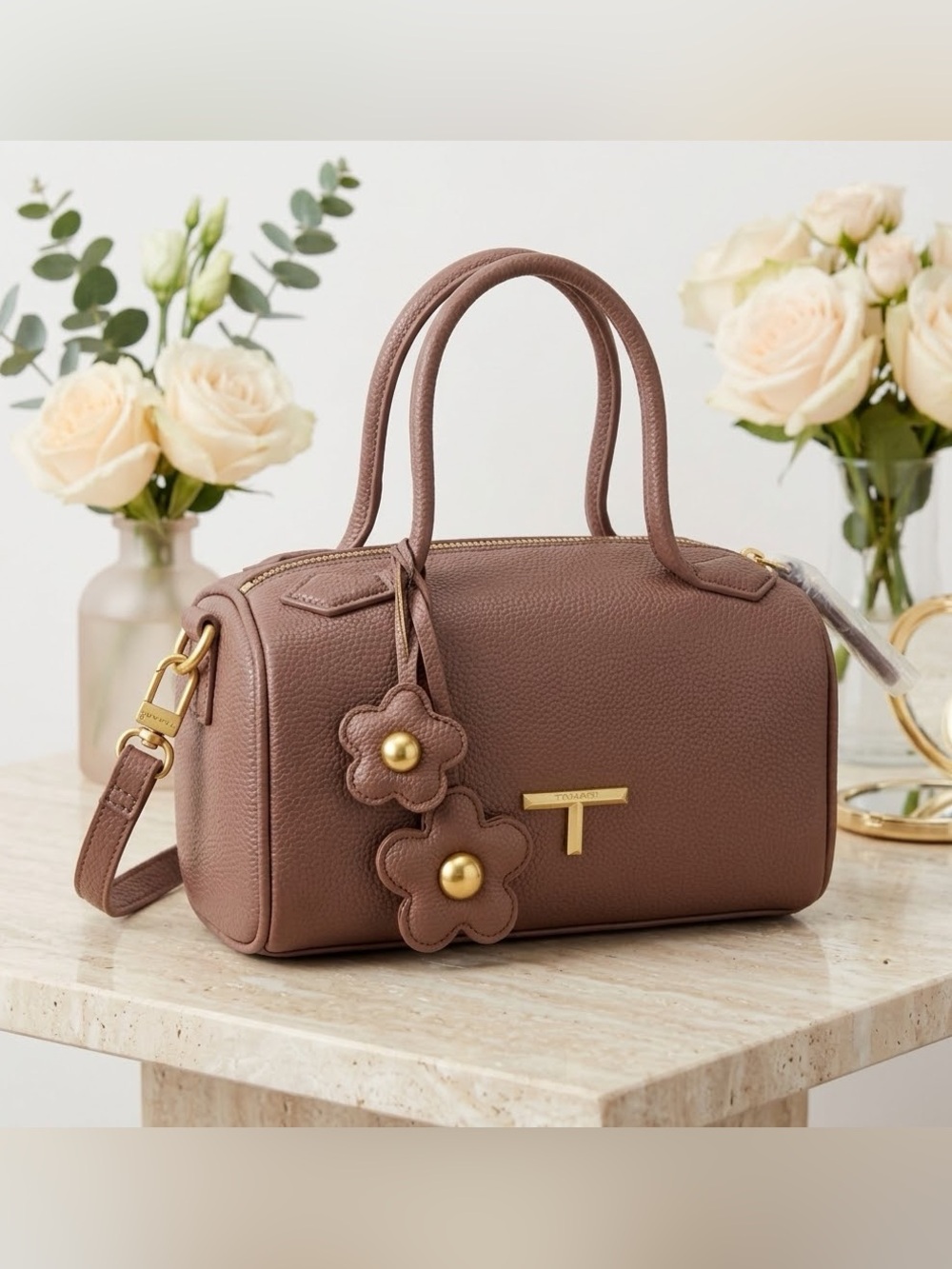 Tahari Andie Zip Top Satchel Crossbody Bag Coffee Brown Flower Charm NWT